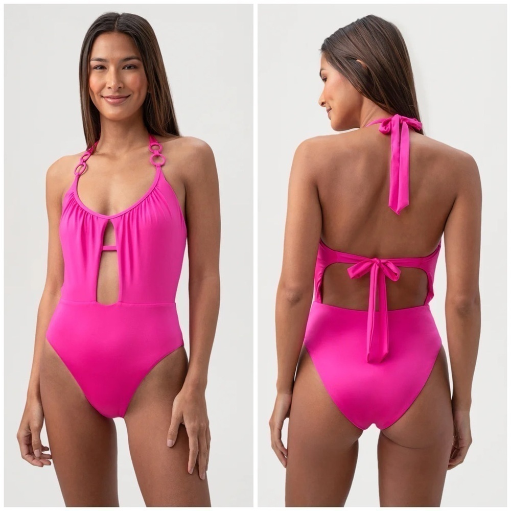 Trina Turk Monaco Scoop Neck Cutout Halter One Piece Swimsuit Hot Pink Sz 8 NWT